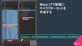 COPYRIGHT 2015 @ UNITY TECHNOLOGIES JAPANCOPYRIGHT 2014 @ UNITY TECHNOLOGIES JAPAN
character	
  -­‐name	
  "CharacterSet1"	
  -­‐excludeVisibility	
  -­‐excludeScale;	
Maya LTで新規に
キャラクターセットを
作成する	
 