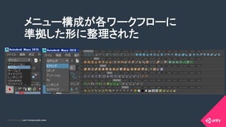 COPYRIGHT 2015 @ UNITY TECHNOLOGIES JAPANCOPYRIGHT 2014 @ UNITY TECHNOLOGIES JAPAN
メニュー構成が各ワークフローに
準拠した形に整理された 
	
 
