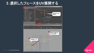 COPYRIGHT 2015 @ UNITY TECHNOLOGIES JAPANCOPYRIGHT 2014 @ UNITY TECHNOLOGIES JAPAN
3：選択したフェースをUV展開する	
 
