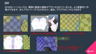 COPYRIGHT 2015 @ UNITY TECHNOLOGIES JAPANCOPYRIGHT 2014 @ UNITY TECHNOLOGIES JAPAN
UV
2016のバージョンでは、展開と最適化機能がブラシ化されているため、より直観的に作
業ができます、またブラシベースでUVのカット、縫合、グラブやピンチもできます
UVカットブラシでUVカット UV固定ブラシで外周を固定 (青) UVグラブブラシでUV移動
UVピンチブラシで対象を縮小
UVブラシで、操作画面上でダ
イレクトにUVブラシ調整
 