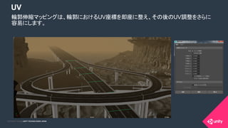 COPYRIGHT 2015 @ UNITY TECHNOLOGIES JAPANCOPYRIGHT 2014 @ UNITY TECHNOLOGIES JAPAN
UV
輪郭伸縮マッピングは、輪郭におけるUV座標を即座に整え、その後のUV調整をさらに
容易にします。
 