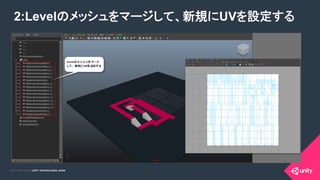 COPYRIGHT 2015 @ UNITY TECHNOLOGIES JAPANCOPYRIGHT 2014 @ UNITY TECHNOLOGIES JAPAN
2:Levelのメッシュをマージして、新規にUVを設定する	
 