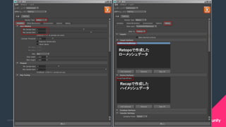 COPYRIGHT 2015 @ UNITY TECHNOLOGIES JAPANCOPYRIGHT 2014 @ UNITY TECHNOLOGIES JAPAN
Recapで作成した
ハイメッシュデータ	
Retopoで作成した
ローメッシュデータ	
 