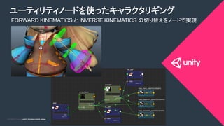COPYRIGHT 2015 @ UNITY TECHNOLOGIES JAPANCOPYRIGHT 2014 @ UNITY TECHNOLOGIES JAPAN
ユーティリティノードを使ったキャラクタリギング	
FORWARD KINEMATICS と INVERSE KINEMATICS の切り替えをノードで実現
 