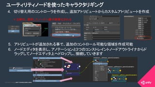 COPYRIGHT 2015 @ UNITY TECHNOLOGIES JAPANCOPYRIGHT 2014 @ UNITY TECHNOLOGIES JAPAN
ユーティリティノードを使ったキャラクタリギング
4.  切り替え用のコントローラを作成し、追加アトリビュートからカスタムアトリビュートを作成
* 注釈は、選択したノードへ親子階層化される
5.  アトリビュートが追加される事で、追加のコントロール可能な領域を作成可能
6.  ノードエディタを表示し、アノテーションと3つのコンストレイントノードアウトライナからド
ラッグしてノードエディタ上へドロップし、接続していきます
 