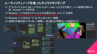 COPYRIGHT 2015 @ UNITY TECHNOLOGIES JAPANCOPYRIGHT 2014 @ UNITY TECHNOLOGIES JAPAN
ユーティリティノードを使ったキャラクタリギング
11. アウトライナ上から Tab + テキスト入力へ “reve” と入力する事で、ノード候補が現れる
為、”reverse” ノードを作成
12. Reverse ノードのある1チャンネルが必要なため、入力 ”X” を使用
13. Reverse ノードの出力 “X” を FK Left * W1へ接続
14. 同様の作業を他2つの attr へ接続し、切り替えが問題ないか確認を行う
* あらゆる値を反転させるため、この場合出力が1なら0を返す
 