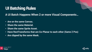 UI Batching Rules
A UI Batch Happens When 2 or more Visual Components…
•  Are on the same Canvas.
•  Share the same Material.
•  Share the same Sprite Asset.
•  Have RectTransforms that are Co-Planar to each other (Same Z Pos)
•  Are clipped by the same Mask.
 