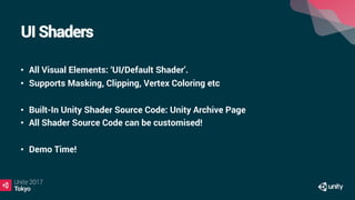 UI Shaders
•  All Visual Elements: ‘UI/Default Shader’.
•  Supports Masking, Clipping, Vertex Coloring etc
•  Built-In Unity Shader Source Code: Unity Archive Page
•  All Shader Source Code can be customised!
•  Demo Time!
 