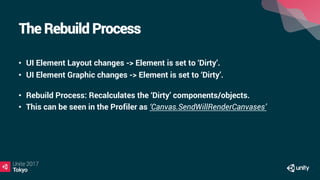 The Rebuild Process
•  UI Element Layout changes -> Element is set to ‘Dirty’.
•  UI Element Graphic changes -> Element is set to ‘Dirty’.
•  Rebuild Process: Recalculates the ‘Dirty’ components/objects.
•  This can be seen in the Profiler as ‘Canvas.SendWillRenderCanvases’
 