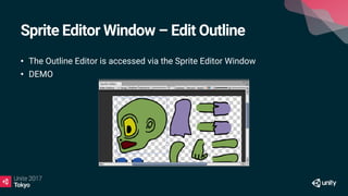 Sprite Editor Window – Edit Outline
• The Outline Editor is accessed via the Sprite Editor Window
• DEMO
 
