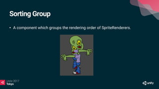 Sorting Group
• A component which groups the rendering order of SpriteRenderers.
 