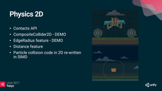 Physics 2D
• Contacts API
• CompositeCollider2D - DEMO
• EdgeRadius feature - DEMO
• Distance feature
• Particle collision code in 2D re-written
in SIMD
 