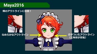 Maya2016
頬のアウトラインに注⽬！
なめらかなアウトライン ガタついたアウトライン
（三⾓形が反転）
 