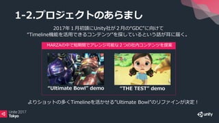 MARZAの中で短期間でアレンジ可能な２つの社内コンテンツを提案
1-2.プロジェクトのあらまし
2017年１⽉初頭にUnity社が２⽉の“GDC”に向けて
“Timeline機能を活用できるコンテンツ”を探しているという話が耳に届く。
よりショットの多くTimelineを活かせる”Ultimate Bowl”のリファインが決定！
“Ultimate Bowl” demo “THE TEST” demo
 