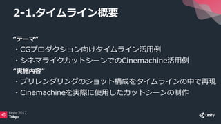 “テーマ”
・CGプロダクション向けタイムライン活用例
・シネマライクカットシーンでのCineｍachine活用例
“実施内容”
・プリレンダリングのショット構成をタイムラインの中で再現
・Cinemachineを実際に使用したカットシーンの制作
2-1.タイムライン概要
 