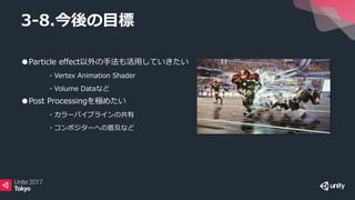 ●Particle effect以外の手法も活用していきたい
・Vertex Animation Shader
・Volume Dataなど
●Post Processingを極めたい
・カラーパイプラインの共有
・コンポジターへの普及など
3-8.今後の目標
 