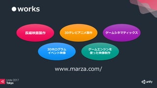3Dテレビアニメ製作長編映画製作 ゲームシネマティックス
3Dホログラム
イベント映像
ゲームエンジンを
使った映像制作
●works
www.marza.com/
 