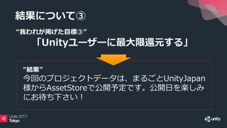 結果について③
“我われが掲げた目標③”
「Unityユーザーに最大限還元する」
“結果”
今回のプロジェクトデータは、まるごとUnityJapan
様からAssetStoreで公開予定です。公開⽇を楽しみ
にお待ち下さい！
 