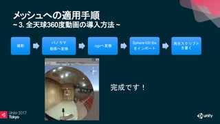 メッシュへの適用手順
~ 3. 全天球360度動画の導入方法 ~
撮影
パノラマ
動画へ変換
.ogvへ変換
Sphere100.fbx
をインポート
再生スクリプト
を書く
完成です！
 