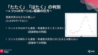 「たたく」「はたく」の判別
~ 4.ツッコミモーション認識の仕方~
現実世界はなかなか厳しい
(入力が0や1でない)
• ツッコミ中以外でも速度・角速度はそこそこ大きい
(認識開始の問題)
• ツッコミの終わりも速度・角速度は完全に0になるとは限らない
(認識終了の問題)
 