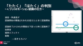 「たたく」「はたく」の判別
~ 4.ツッコミモーション認識の仕方~
速度・角速度が
認識開始の閾値(大きめ)を超えたときに認識開始
認識終了(小さめ)の閾値を下回った時に認識終了
効果音
爆発エフェクト
振動
→ 超きもちいい
 