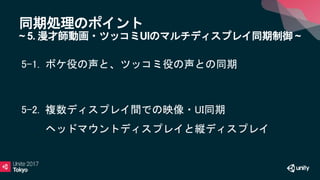 同期処理のポイント
~ 5. 漫才師動画・ツッコミUIのマルチディスプレイ同期制御 ~
5-1. ボケ役の声と、ツッコミ役の声との同期
5-2. 複数ディスプレイ間での映像・UI同期
ヘッドマウントディスプレイと縦ディスプレイ
 