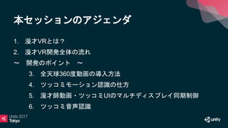 本セッションのアジェンダ
1. 漫才VRとは？
2. 漫才VR開発全体の流れ
〜 開発のポイント 〜
3. 全天球360度動画の導入方法
4. ツッコミモーション認識の仕方
5. 漫才師動画・ツッコミUIのマルチディスプレイ同期制御
6. ツッコミ音声認識
 