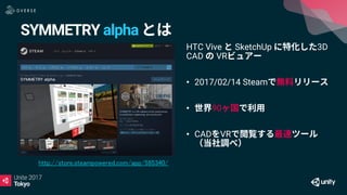 SYMMETRY alpha
HTC Vive SketchUp 3D
CAD VR
• 2017/02/14 Steam
• 90
• CAD VR
http://store.steampowered.com/app/585340/
 