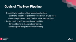 Goals of The New Pipeline
• Possibility to create multiple rendering pipelines
• - Built for a specific target in mind: hardware or use case.
• - Less compromises, more flexible, more performance.
• Easier dealing with backwards compatibility
• - Difficult to make changes to rendering.
• - Users expect things to continue working.
 