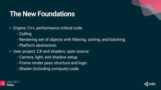 The New Foundations
• Engine: C++, performance critical code
• - Culling
• - Rendering set of objects with filtering, sorting, and batching.
• - Platform abstraction.
• User project: C# and shaders, open source
• - Camera, light, and shadow setup
• - Frame render pass structure and logic
• - Shader (including compute) code.
 