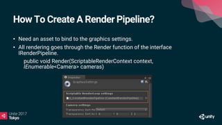 How To Create A Render Pipeline?
• Need an asset to bind to the graphics settings.
• All rendering goes through the Render function of the interface
IRenderPipeline.
• public void Render(ScriptableRenderContext context,
IEnumerable<Camera> cameras)
 