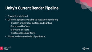 Unity’s Current Render Pipeline
• Forward or deferred.
• Different options available to tweak the rendering:
• - Custom shaders for surface and lighting
• - Command buffers
• - Compute shaders
• - Post-processing effects
• Works well on multitude of platforms.
 