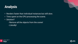 Analysis
• Renders faster than individual instances but still slow.
• Time spent on the CPU processing the scene.
• Solution?
• - Remove all the objects from the scene!
• - Literally!
 