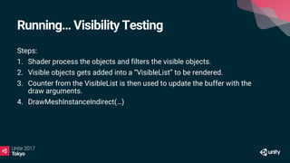 Running… Visibility Testing
Steps:
1. Shader process the objects and filters the visible objects.
2. Visible objects gets added into a “VisibleList” to be rendered.
3. Counter from the VisibleList is then used to update the buffer with the
draw arguments.
4. DrawMeshInstanceIndirect(…)
 