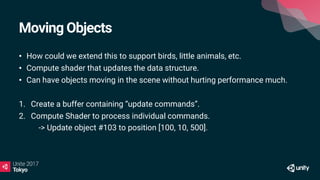 Moving Objects
• How could we extend this to support birds, little animals, etc.
• Compute shader that updates the data structure.
• Can have objects moving in the scene without hurting performance much.
1. Create a buffer containing “update commands”.
2. Compute Shader to process individual commands.
1. -> Update object #103 to position [100, 10, 500].
 