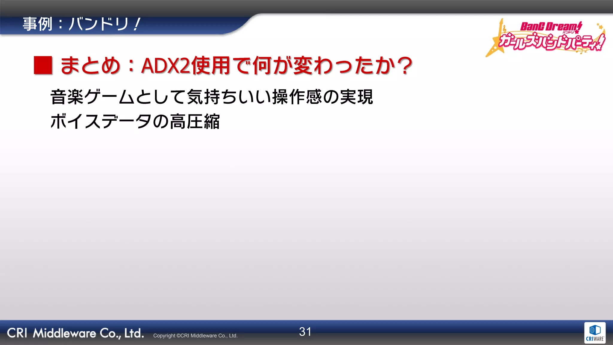 31Copyright ©CRI Middleware Co., Ltd.
ADX2
 