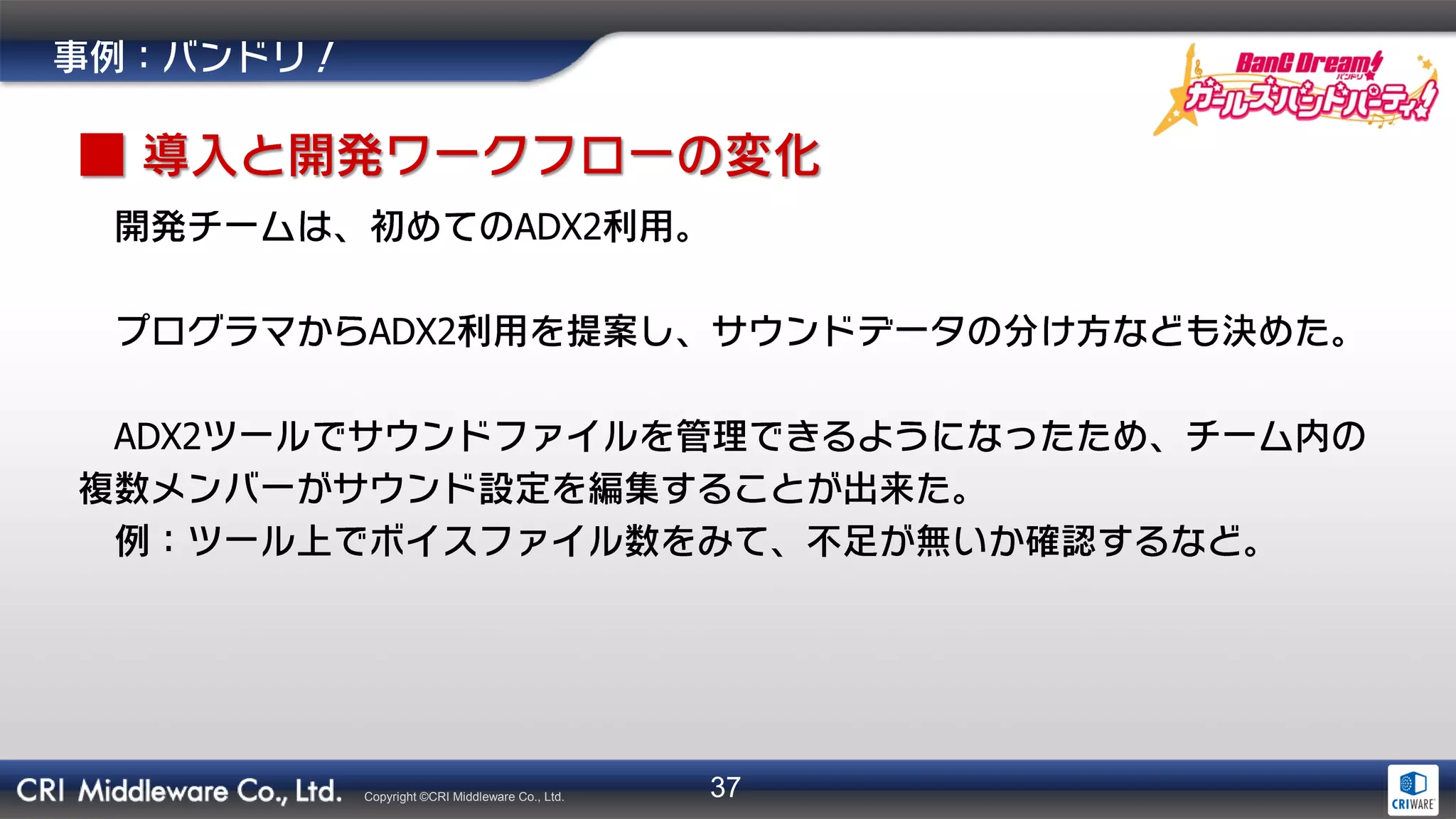 37Copyright ©CRI Middleware Co., Ltd.
ADX2
ADX2
ADX2
 