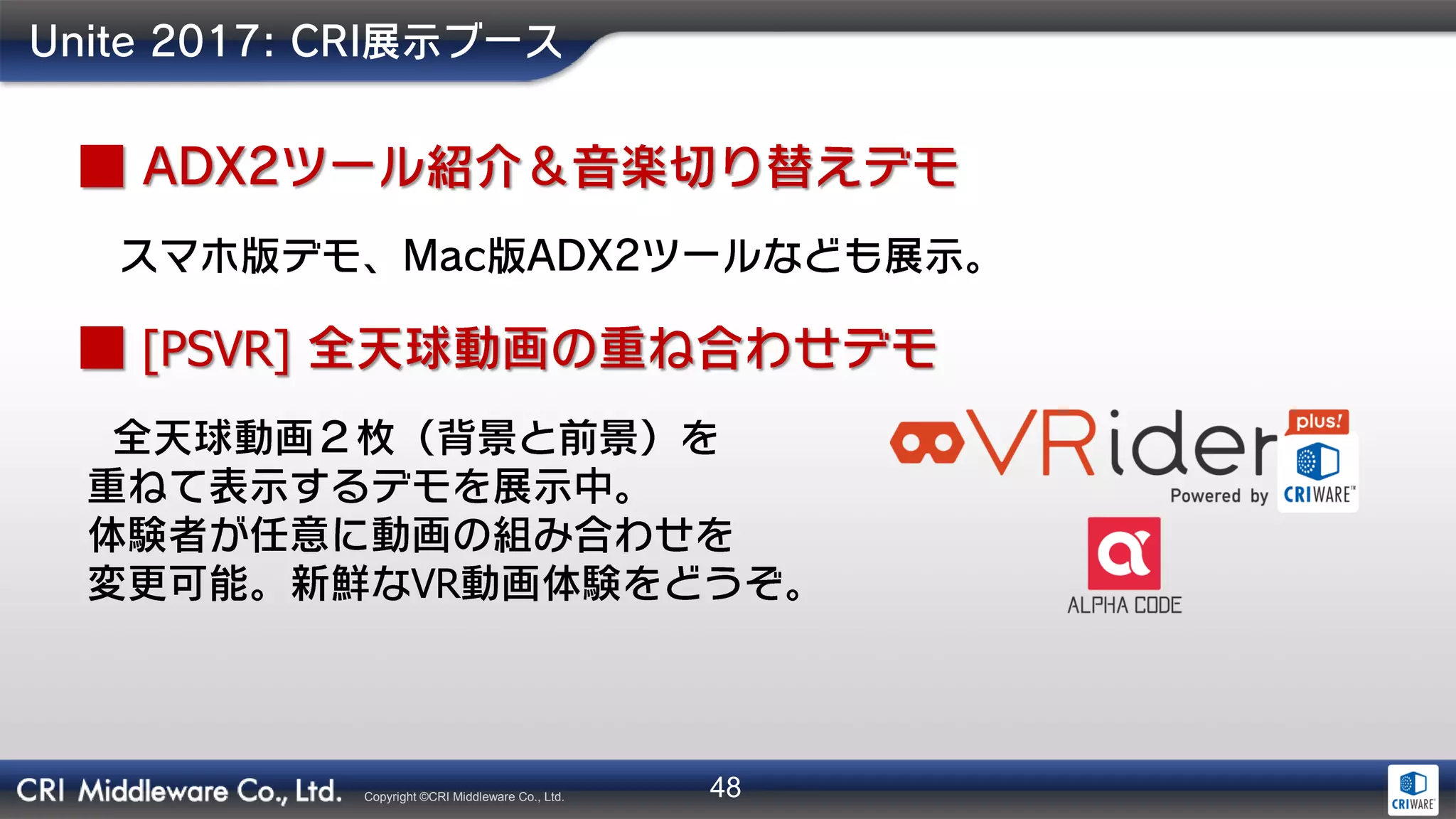 48Copyright ©CRI Middleware Co., Ltd.
[PSVR]
VR
 