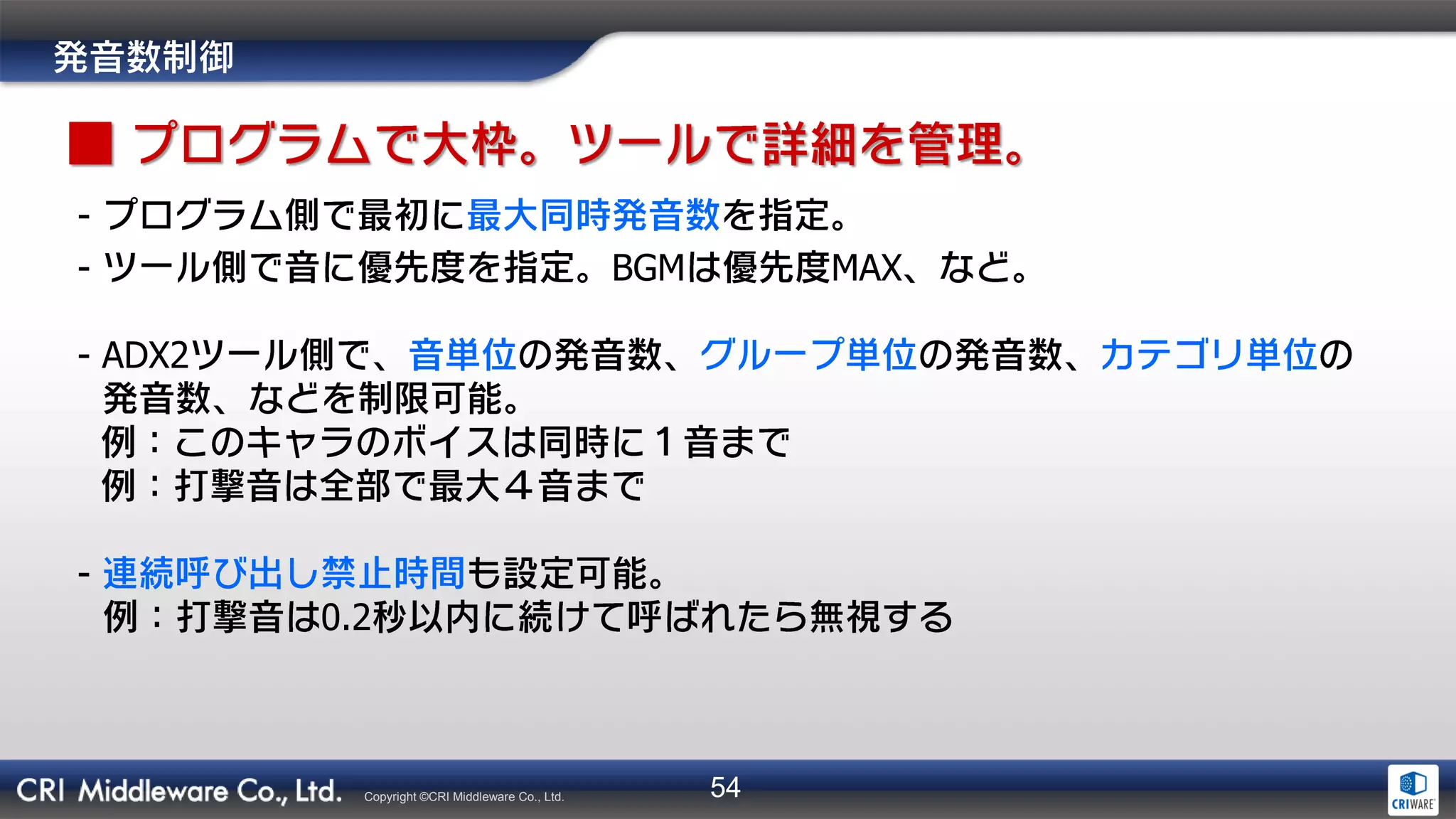 54Copyright ©CRI Middleware Co., Ltd.
-
- BGM MAX
- ADX2
-
0.2
 