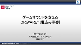 Copyright ©CRI Middleware Co., Ltd.
ゲームサウンドを支える
CRIWARE® 組込み事例
 