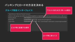 パッキングとロードの方法を決める
アセットのまとめ方（単一vs個別）
ビルド時に配置する場所
ロード時に使うパス
グループ設定インターフェイス
 