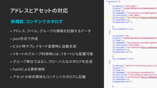 アドレスとアセットの対応
新機能：コンテンツカタログ
• アドレス、ラベル、グループの情報を記録するデータ
• json形式で作成
• ビルド時やプレイモード変更時に自動生成
• リモートのグループ利用時には、リモートにも配置可能
• グループ単位ではなく、グローバルなカタログを生成
• hashによる更新検知
• アセットの依存関係もコンテンツカタログに記載
 