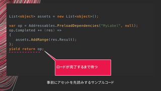 List<object> assets = new List<object>();
var op = Addressables.PreloadDependencies("MyLabel", null);
op.Completed += (res) =>
{
assets.AddRange(res.Result);
};
yield return op;
事前にアセットを先読みするサンプルコード
ロードが完了するまで待つ
 