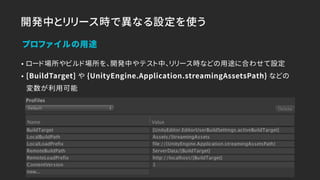 開発中とリリース時で異なる設定を使う
• ロード場所やビルド場所を、開発中やテスト中、リリース時などの用途に合わせて設定
• [BuildTarget] や {UnityEngine.Application.streamingAssetsPath} などの 
変数が利用可能
プロファイルの用途
 