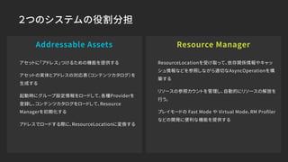 Addressable Assets Resource Manager
２つのシステムの役割分担
ResourceLocationを受け取って、依存関係情報やキャッ
シュ情報などを参照しながら適切なAsyncOperationを構
築する
リソースの参照カウントを管理し、自動的にリソースの解放を
行う。
プレイモードの Fast Mode や Virtual Mode、RM Proﬁler
などの開発に便利な機能を提供する
アセットに「アドレス」つけるための機能を提供する
アセットの実体とアドレスの対応表（コンテンツカタログ）を
生成する
起動時にグループ設定情報をロードして、各種Providerを
登録し、コンテンツカタログをロードして、Resource
Managerを初期化する
アドレスでロードする際に、ResourceLocationに変換する
 