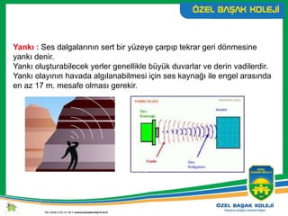 Yankı : Ses dalgalarının sert bir yüzeye çarpıp tekrar geri dönmesine
yankı denir.
Yankı oluşturabilecek yerler genellikle büyük duvarlar ve derin vadilerdir.
Yankı olayının havada algılanabilmesi için ses kaynağı ile engel arasında
en az 17 m. mesafe olması gerekir.
 