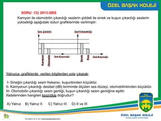 Kamyon ile otomobilin çıkardığı seslerin şiddeti ile sinek ve kuşun çıkardığı seslerin
yüksekliği aşağıdaki sütun grafiklerinde verilmiştir:
Yalnızca .grafiklerde verilen bilgilerden yola çıkarak;
I- Sineğin çıkardığı sesin frekansı, kuşunkinden küçüktür.
II- Kamyonun çıkardığı desibel (dB) biriminde ölçülen ses düzeyi, otomobilinkinden büyüktür.
III- Otomobilin çıkardığı sesin genliği, kuşun çıkardığı sesin genliğine eşittir.
ifadelerinden hangileri kesinlikle doğrudur?
A) Yalnız B) Yalnız II C) Yalnız III D) II ve III
SORU :12) 2013-SBS
 