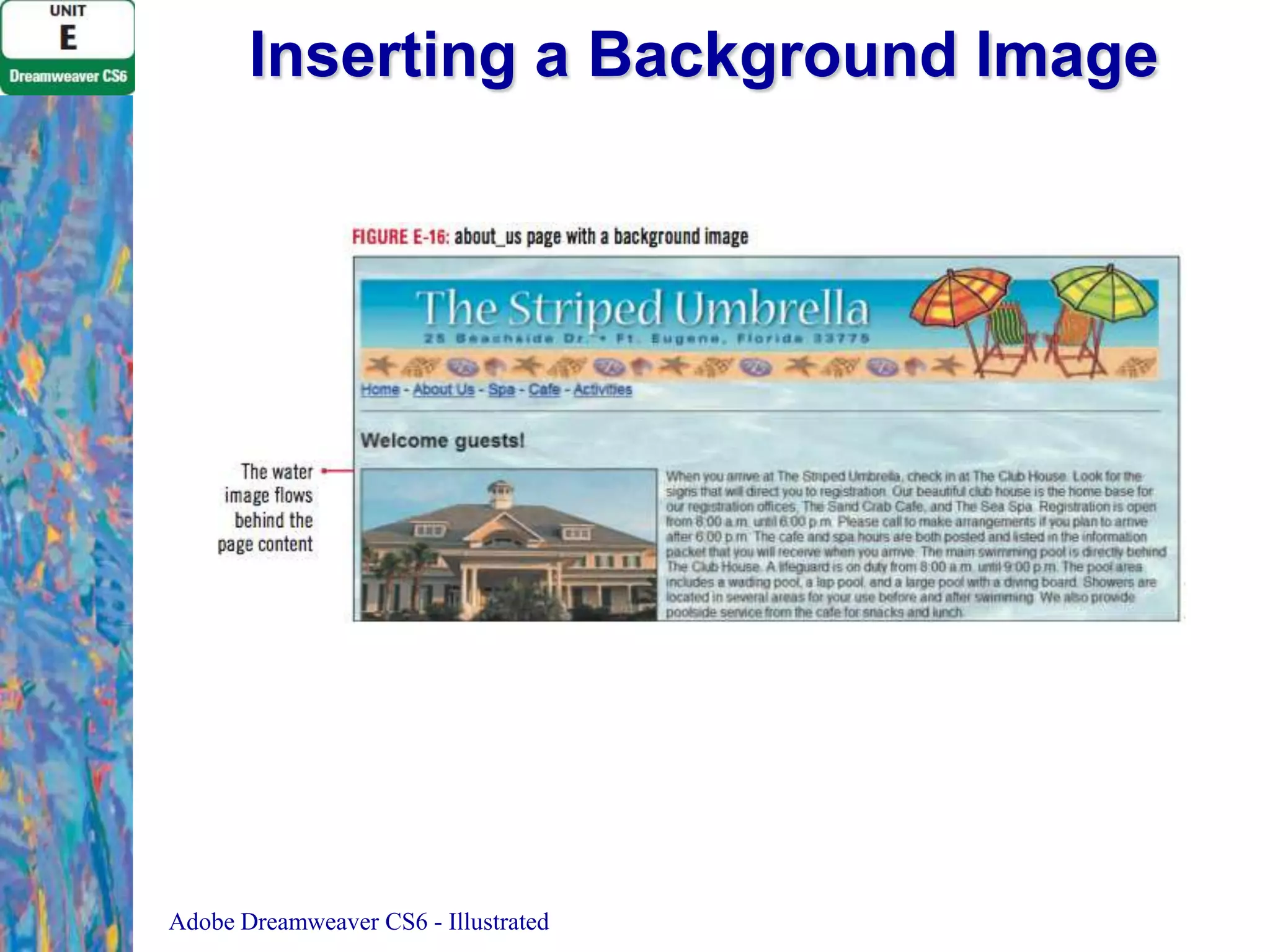 Inserting a Background Image

Adobe Dreamweaver CS6 - Illustrated

 