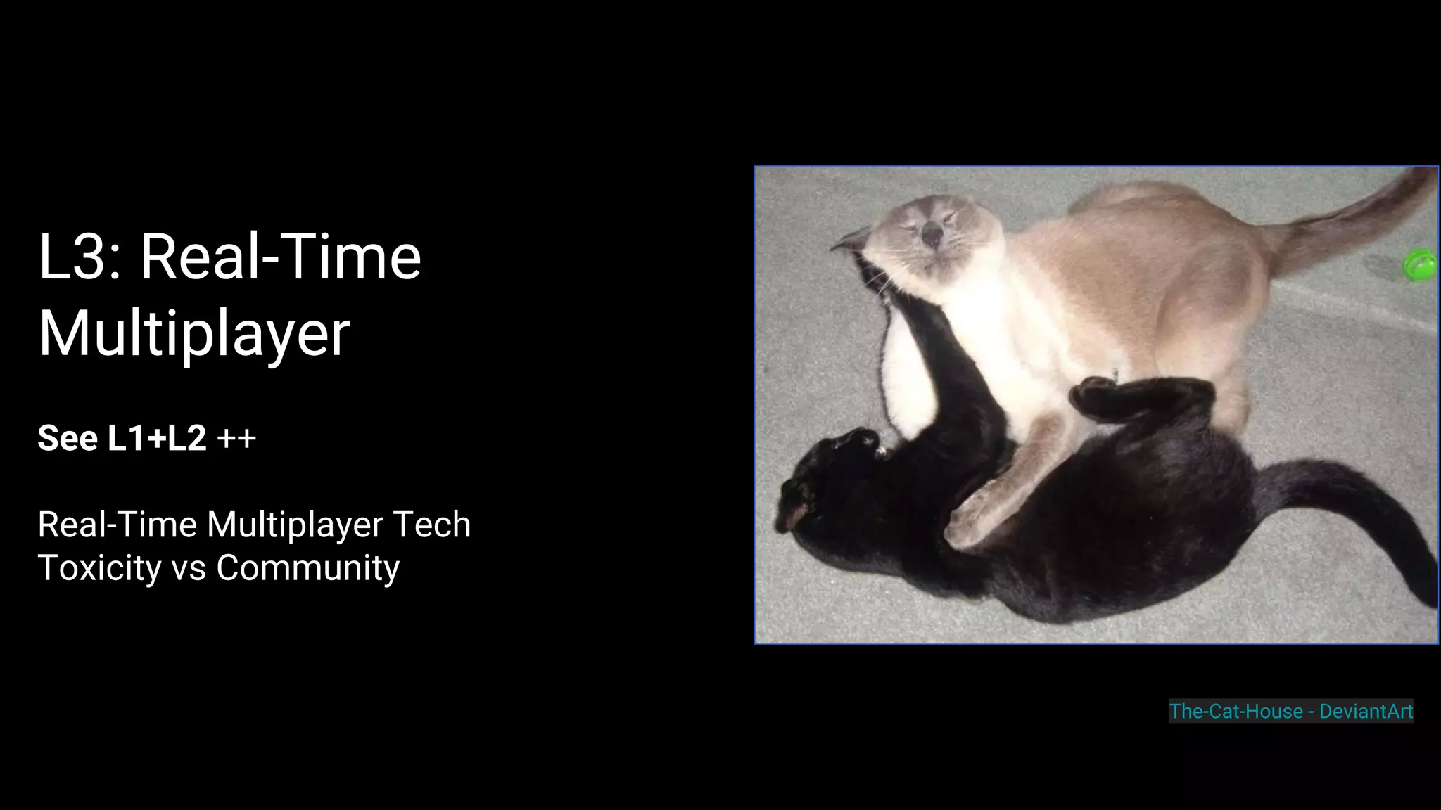 See L1+L2 ++
Real-Time Multiplayer Tech
Toxicity vs Community
L3: Real-Time
Multiplayer
The-Cat-House - DeviantArt
 