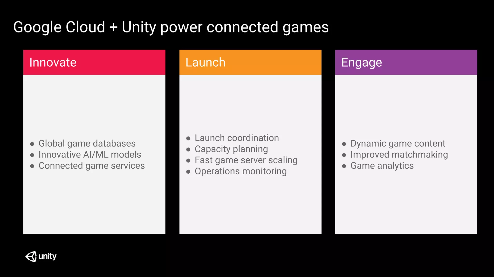 ● Global game databases
● Innovative AI/ML models
● Connected game services
Innovate
● Launch coordination
● Capacity planning
● Fast game server scaling
● Operations monitoring
Launch
● Dynamic game content
● Improved matchmaking
● Game analytics
Engage
Google Cloud + Unity power connected games
 